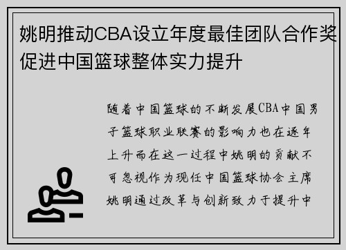 姚明推动CBA设立年度最佳团队合作奖促进中国篮球整体实力提升