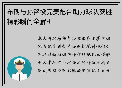 布朗与孙铭徽完美配合助力球队获胜精彩瞬间全解析