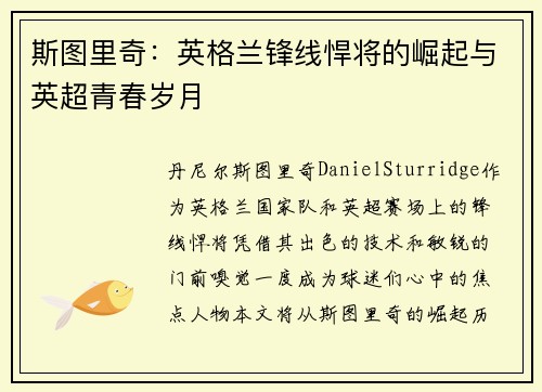 斯图里奇：英格兰锋线悍将的崛起与英超青春岁月